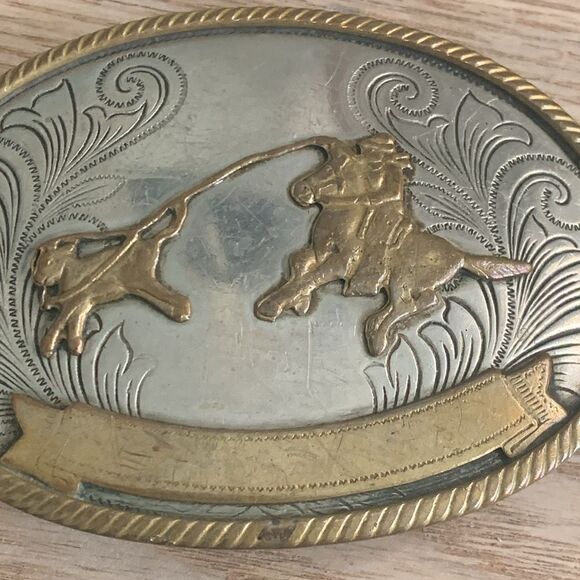 Vintage German Silver Cowboy Roping Calf Oval Belt Buckle - Picture 9 of 17
